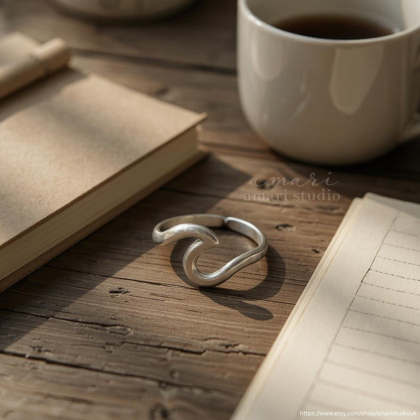 Minimalist Silver Sea Wave Adjustable Ring, Chic Ocean Beach Jewellery