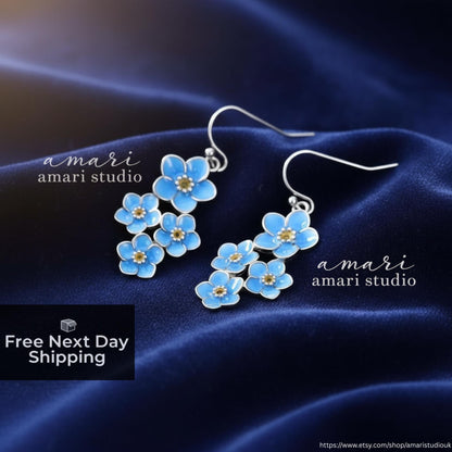 Blue Forget Me Not Flower Earrings, Simple Natural Jewellery