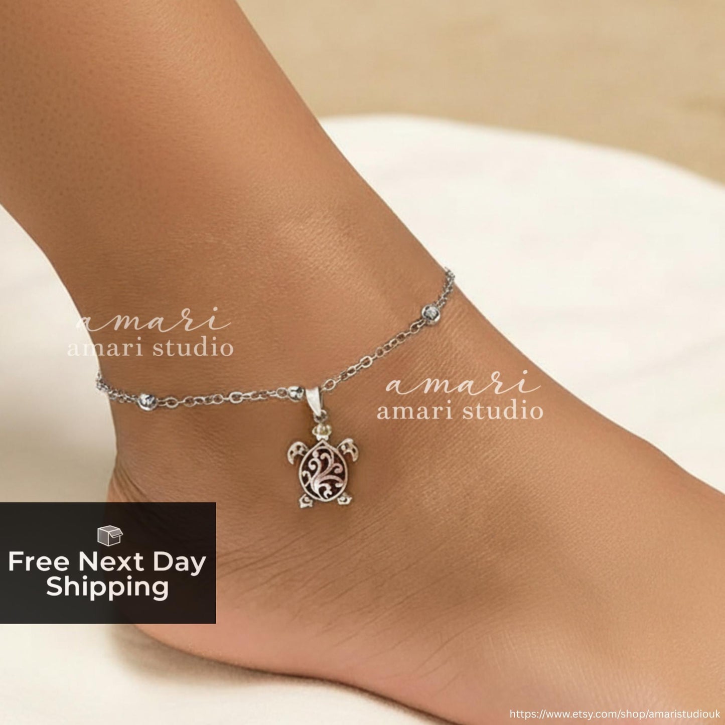 Silver Turtle Chain Anklet, Tortoise Beach Ocean Jewellery, Summer Vacation