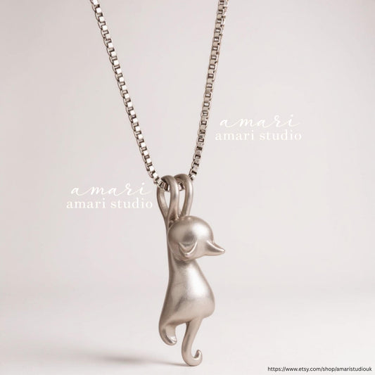 Silver Hanging Cat Necklace, Kitten Pendant Jewellery Gift for Her, Animal Lover Jewellery