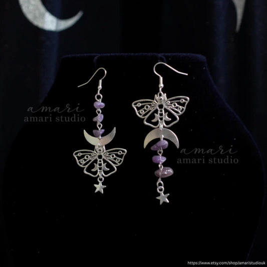 Silver Butterfly Moth Amethyst Earrings, Hippie Bohemian Jewellery