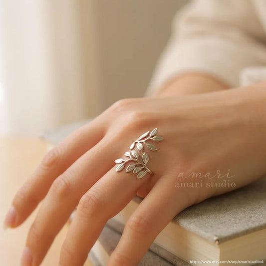Silver Leaf Branch Adjustable Ring, Natural Bohemian Jewellery