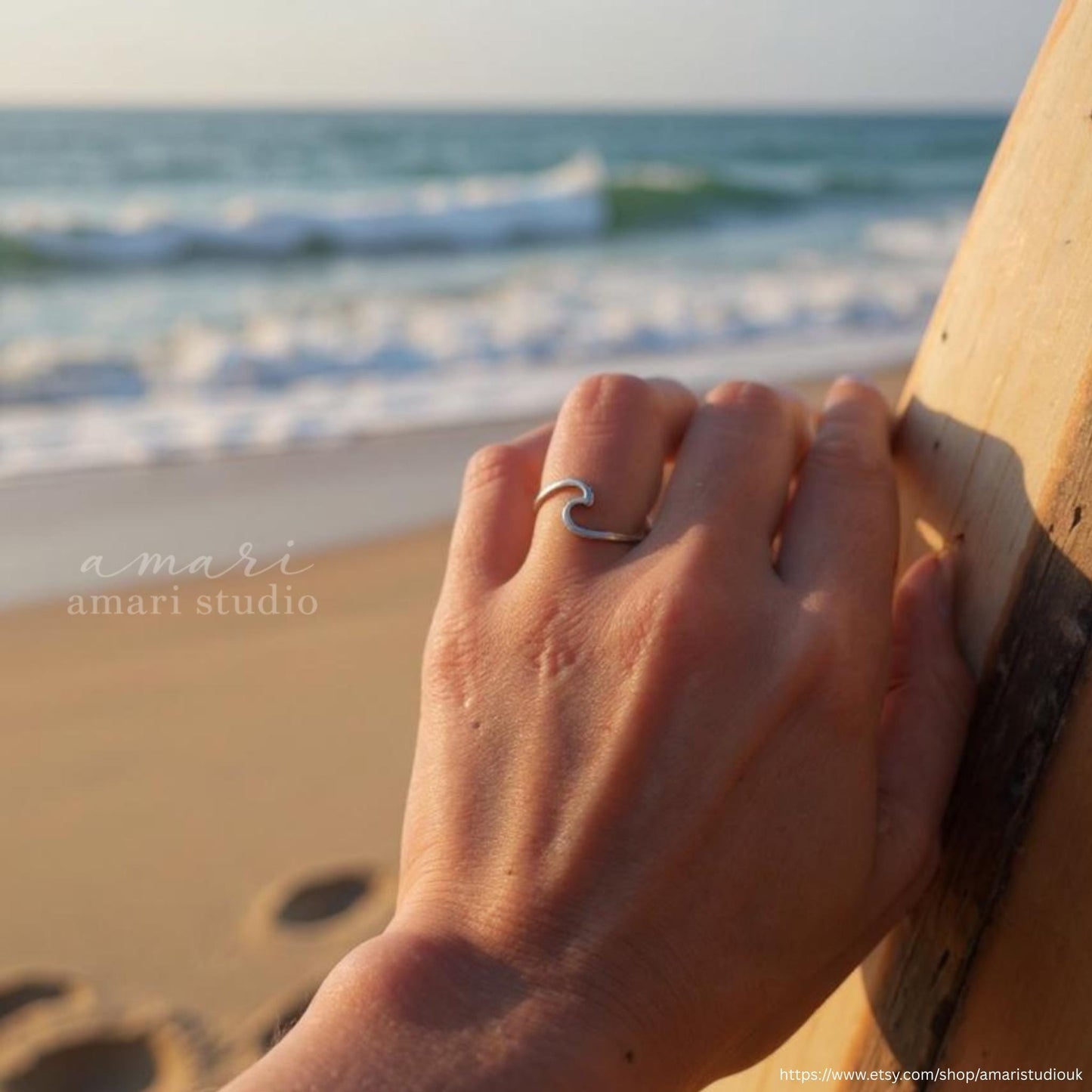 Minimalist Silver Sea Wave Adjustable Ring, Chic Ocean Beach Jewellery