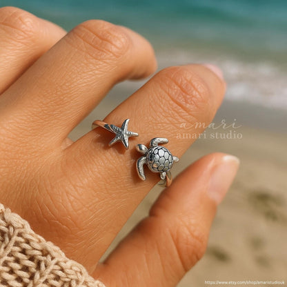 Silver Turtle Beach Ring, Adjustable Silver Ring, Tortoise Starfish Ocean Jewellery