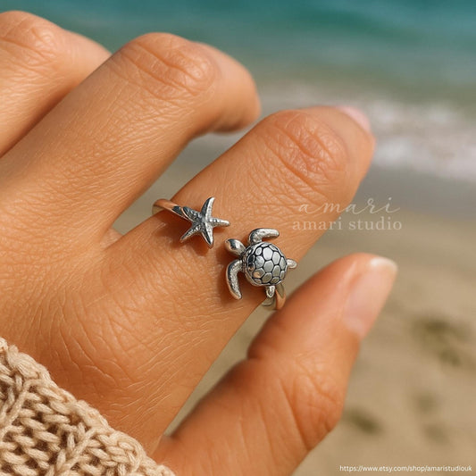 Silver Turtle Beach Ring, Adjustable Silver Ring, Tortoise Starfish Ocean Jewellery