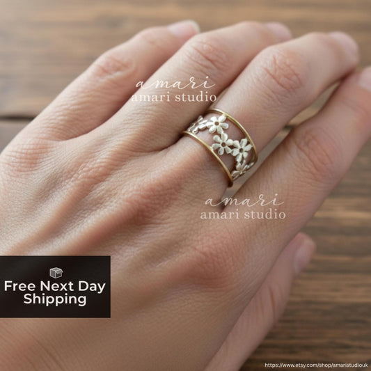 Silver Gold Flower Daisy Ring, Fully Adjustable Ring, Nature Natural Jewellery