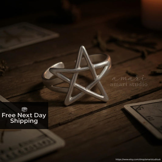 Silver Pentagram Star Adjustable Ring, Gothic Halloween Jewellery