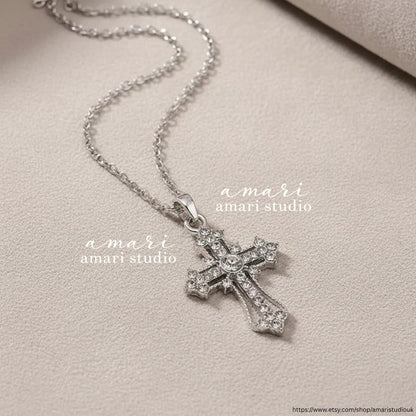 Silver Vintage Gothic Cross Necklace, Silver Chain Necklace
