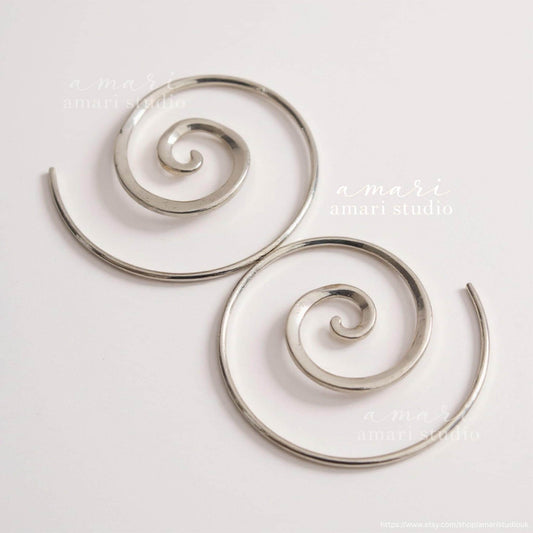 Silver Spiral Earrings, Bohemian Ethnic Tribal Hippie Jewellery