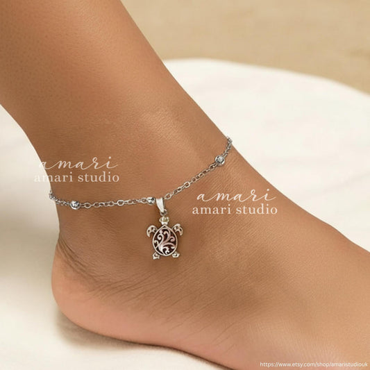 Silver Turtle Chain Anklet, Tortoise Beach Ocean Jewellery, Summer Vacation