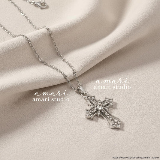 Silver Vintage Gothic Cross Necklace, Silver Chain Necklace