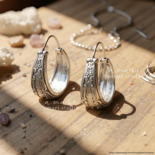 Silver Boho Hoop Earrings, Geometric Tribal Hoop Jewellery, Gift for Her – Ethnic Earrings