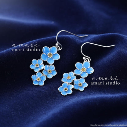 Blue Forget Me Not Flower Earrings, Simple Natural Jewellery