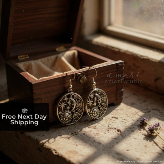 Antique Silver Celestial Star Moon Earrings, Starry Autumn Fall Jewellery