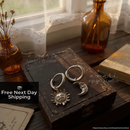 Silver Moon Sun Huggie Hoop Earrings, Autumn Fall Jewellery