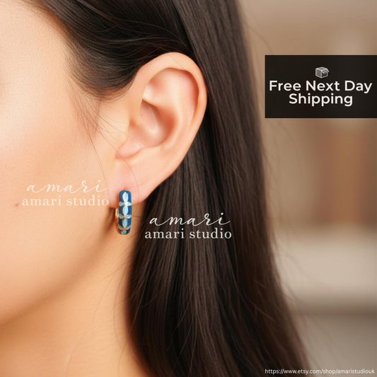 Blue Flower Design Hoop Earrings, Beach Summer Jewellery