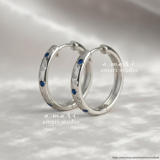 Small Silver Crystal Hoop Earrings, Simple Star Moon Hoop Earrings, Celestial Jewellery