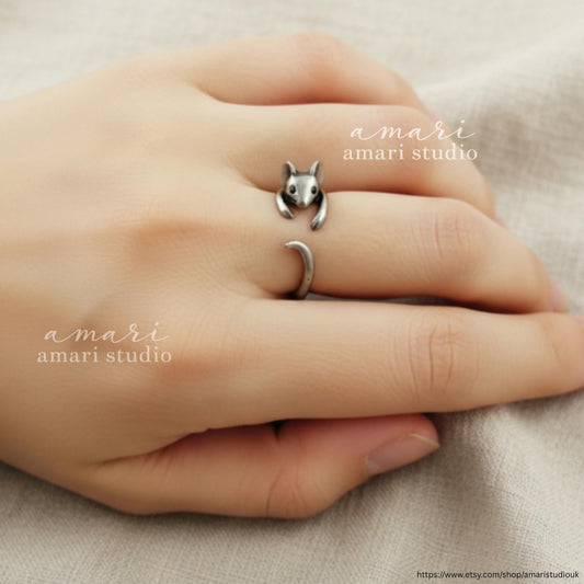 Silver Mouse Adjustable Ring, Cute Animal Ring Gift for Her, Unique Jewellery