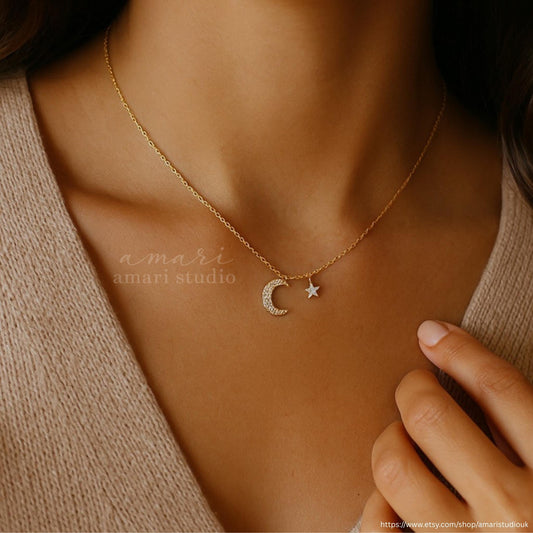 Star Moon Crystal Gold Necklace, Gold Chain Necklace, Celestial Jewellery