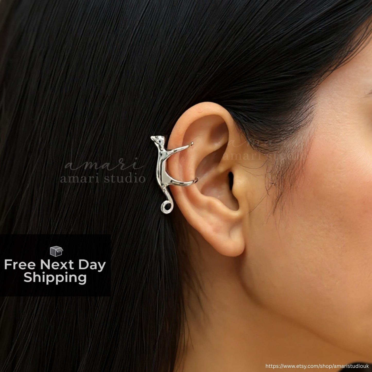 Silver Cat Ear Cuff, No Pierce Earring, No Piercing Ear Climber Wrap