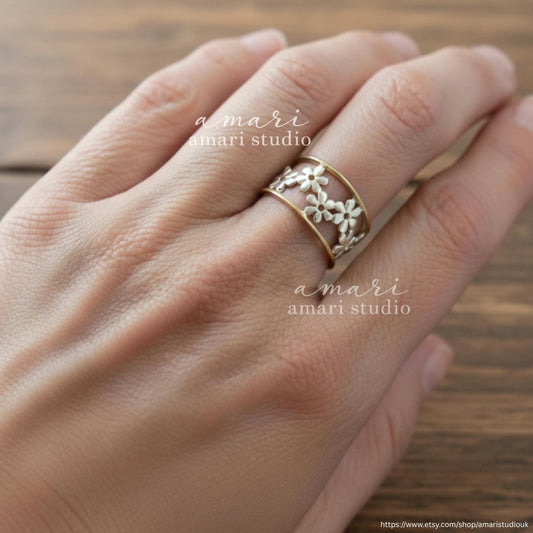 Silver Gold Flower Daisy Ring, Fully Adjustable Ring, Nature Natural Jewellery