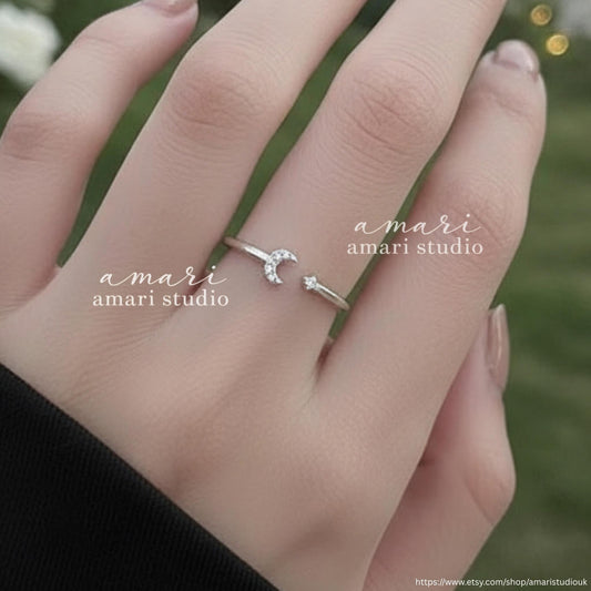 Silver Crystal Star Moon Ring, Fully Adjustable Ring, Celestial Jewellery