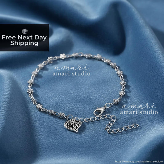 Silver Heart Flower Chain Anklet, Beach Summer Jewellery
