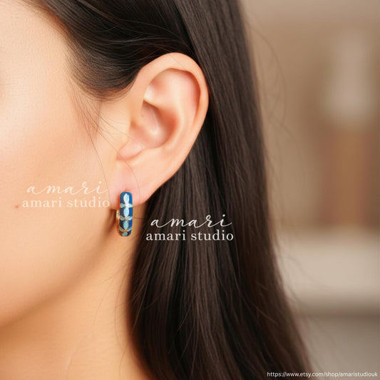 Blue Flower Design Hoop Earrings, Beach Summer Jewellery