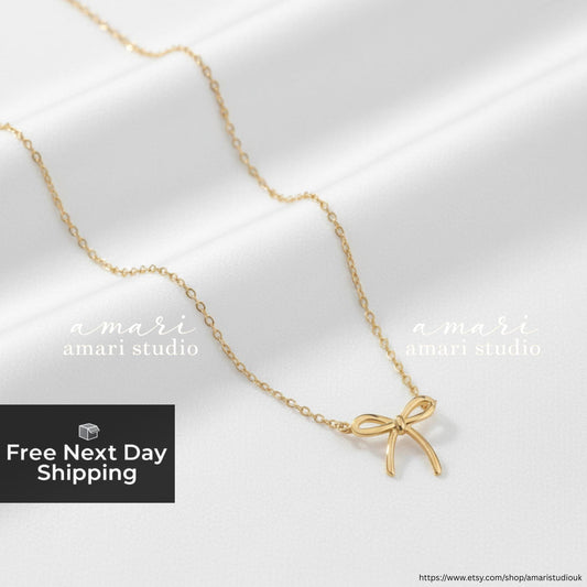 Gold Ribbon Bow Pendant Chain Necklace, Simple Jewellery