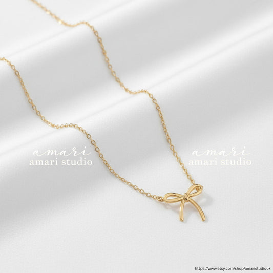 Gold Ribbon Bow Pendant Chain Necklace, Simple Jewellery