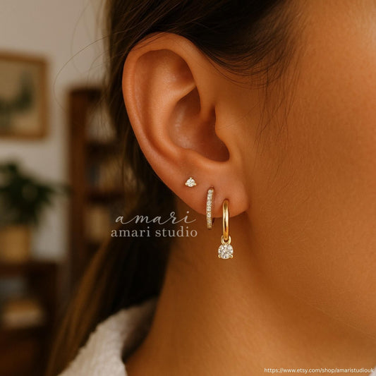 6Pcs Gold Huggie Hoop Earrings Set of 6, Crystal Huggie & Stud Earrings, Minimalist Everyday Jewellery Gift for Her