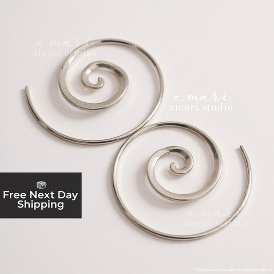 Silver Spiral Earrings, Bohemian Ethnic Tribal Hippie Jewellery