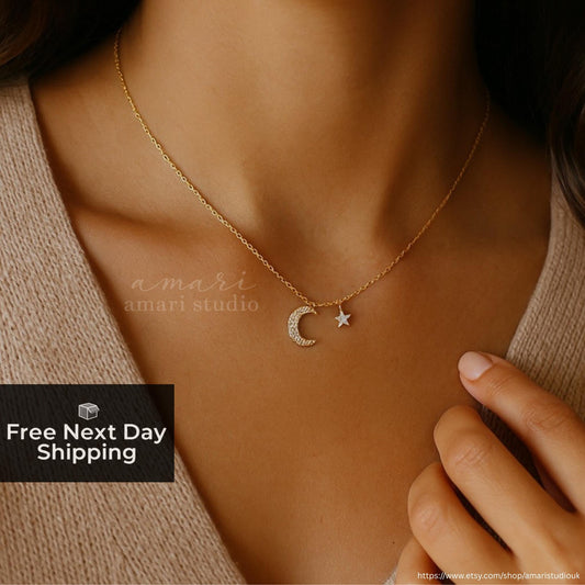 Star Moon Crystal Gold Necklace, Gold Chain Necklace, Celestial Jewellery