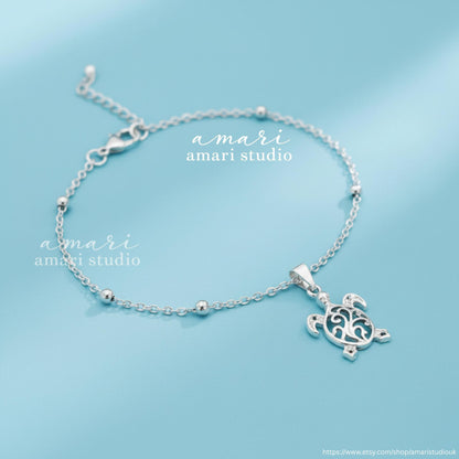 Silver Turtle Chain Anklet, Tortoise Beach Ocean Jewellery, Summer Vacation