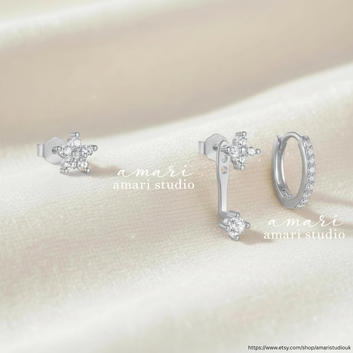 3Pcs Silver Crystal Flower Stud Earring Set, Set of 3 Earrings, Simple Minimalist Jewellery