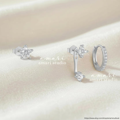 3Pcs Silver Crystal Flower Stud Earring Set, Set of 3 Earrings, Simple Minimalist Jewellery