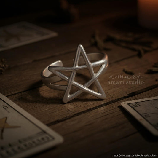 Silver Pentagram Star Adjustable Ring, Gothic Halloween Jewellery