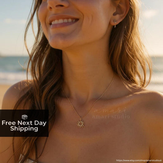 Simple Gold Sun Chain Necklace, Minimalist Summer Beach Jewellery
