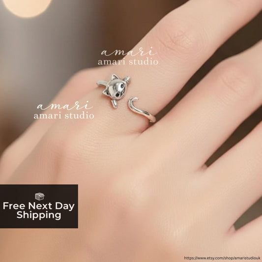 Silver Cat Adjustable Ring Kitten Cat Animal Lover Jewellery Gifts For Her