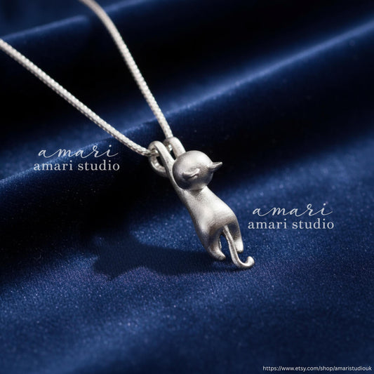 Silver Hanging Cat Necklace, Kitten Pendant Jewellery Gift for Her, Animal Lover Jewellery