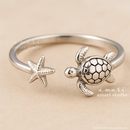 Silver Turtle Beach Ring, Adjustable Silver Ring, Tortoise Starfish Ocean Jewellery