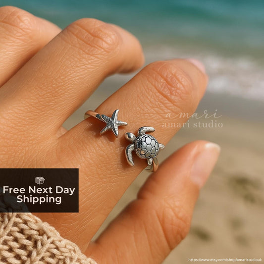 Silver Turtle Beach Ring, Adjustable Silver Ring, Tortoise Starfish Ocean Jewellery