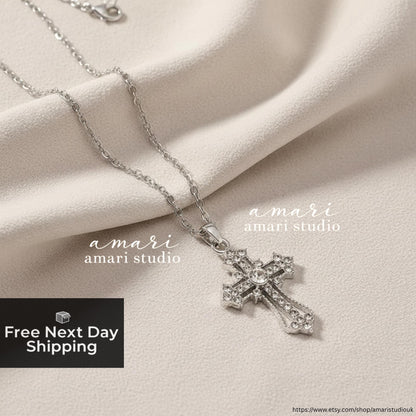 Silver Vintage Gothic Cross Necklace, Silver Chain Necklace