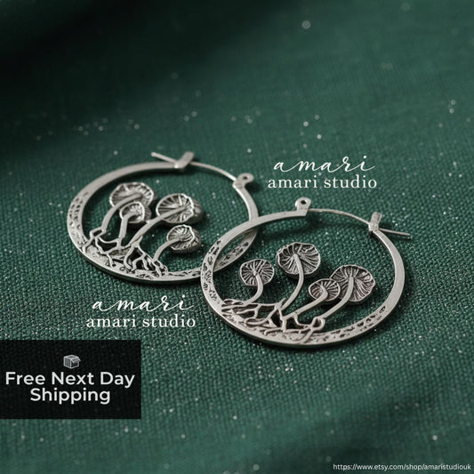 Antique Silver Mushroom Hoop Earrings, Unusual Bohemian Jewellery