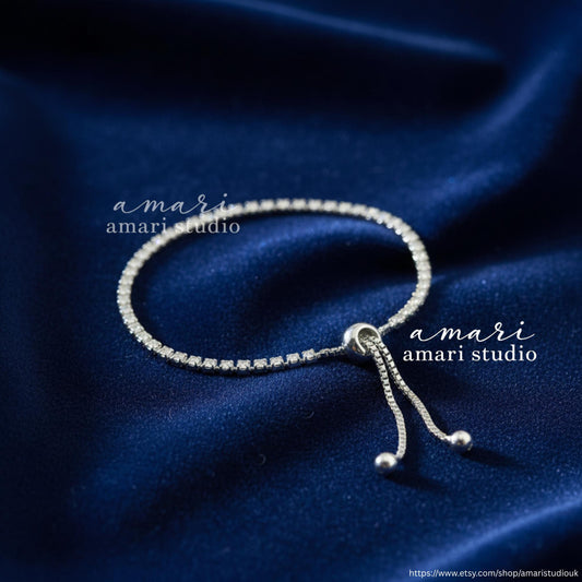 Silver Crystal Tennis Bracelet, Fully Adjustable, Simple Minimalist Jewellery