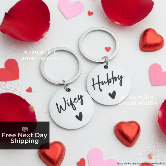 2pcs Wifey Hubby Matching Keychains, Valentines Day Gift, Couple Keychain, Personalised Gift Ideas