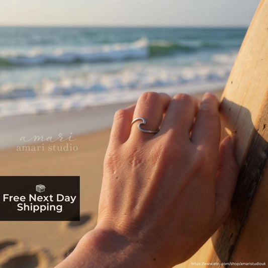 Minimalist Silver Sea Wave Adjustable Ring, Chic Ocean Beach Jewellery