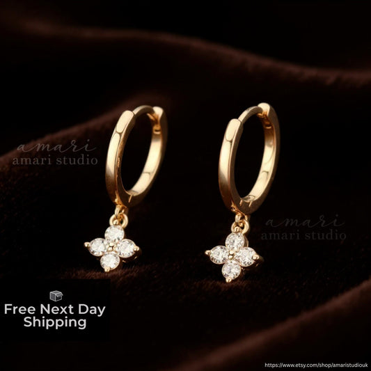 Gold Crystal Flower Huggie Hoop Earrings, Minimalist Chic Jewellery