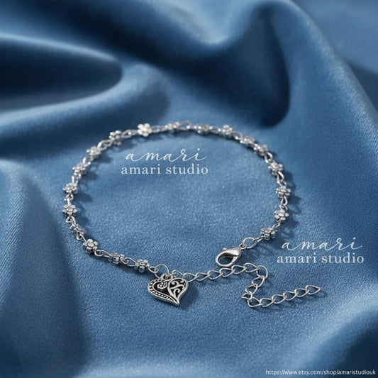 Silver Heart Flower Chain Anklet, Beach Summer Jewellery