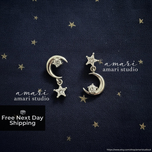 Silver Star Moon Crystal Stud Earrings, Celestial Jewellery
